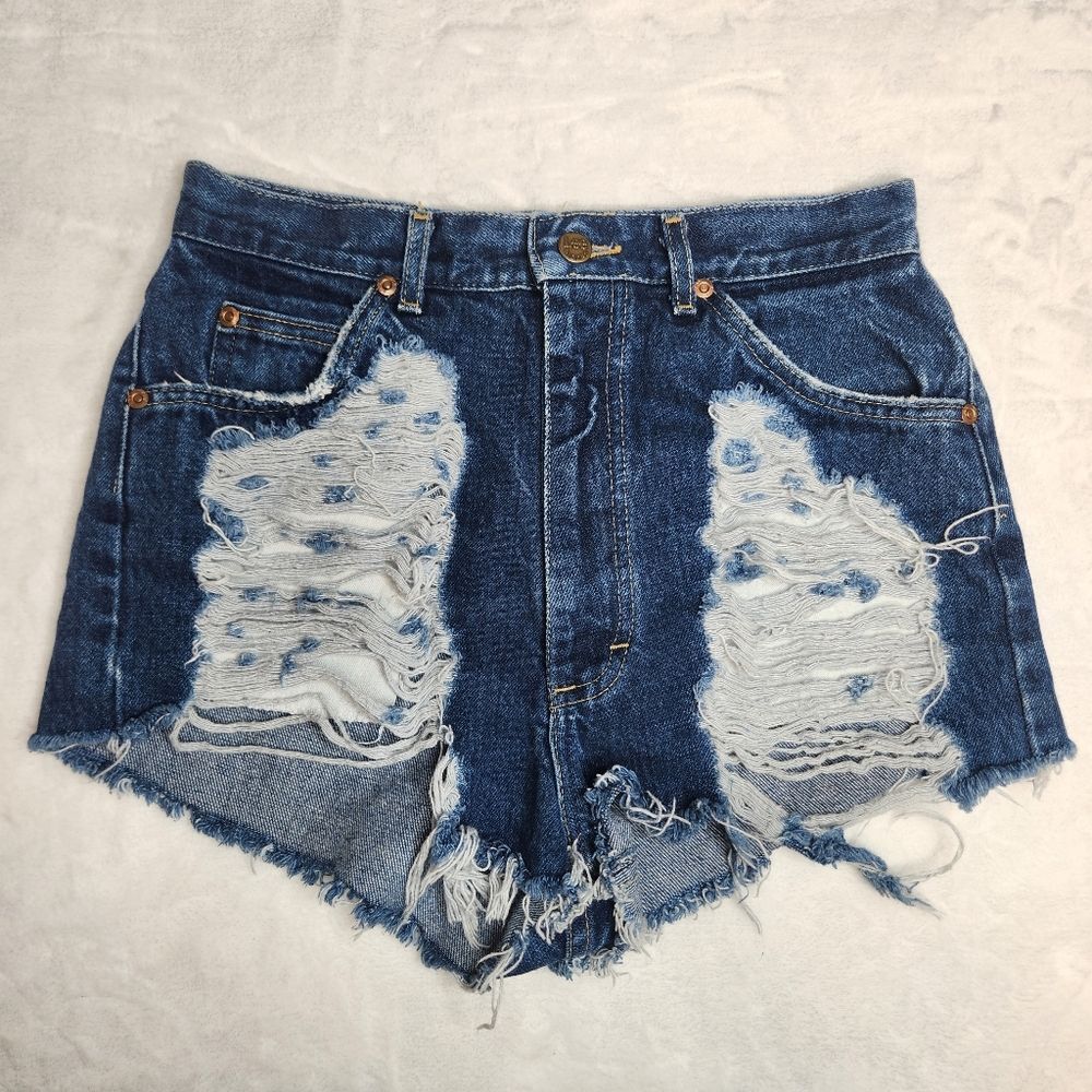 VTG LEE Furst Of a Kind Upcycled Distressed Denim Jean Shorts Sz 11 Med